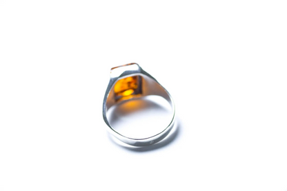 Men's Amber Solitaire Ring - Sterling Silver Band with Baltic Amber Gemstone - BEYRUN