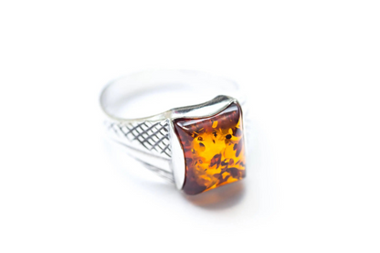 Men's Amber Solitaire Ring - Sterling Silver Band with Baltic Amber Gemstone - BEYRUN