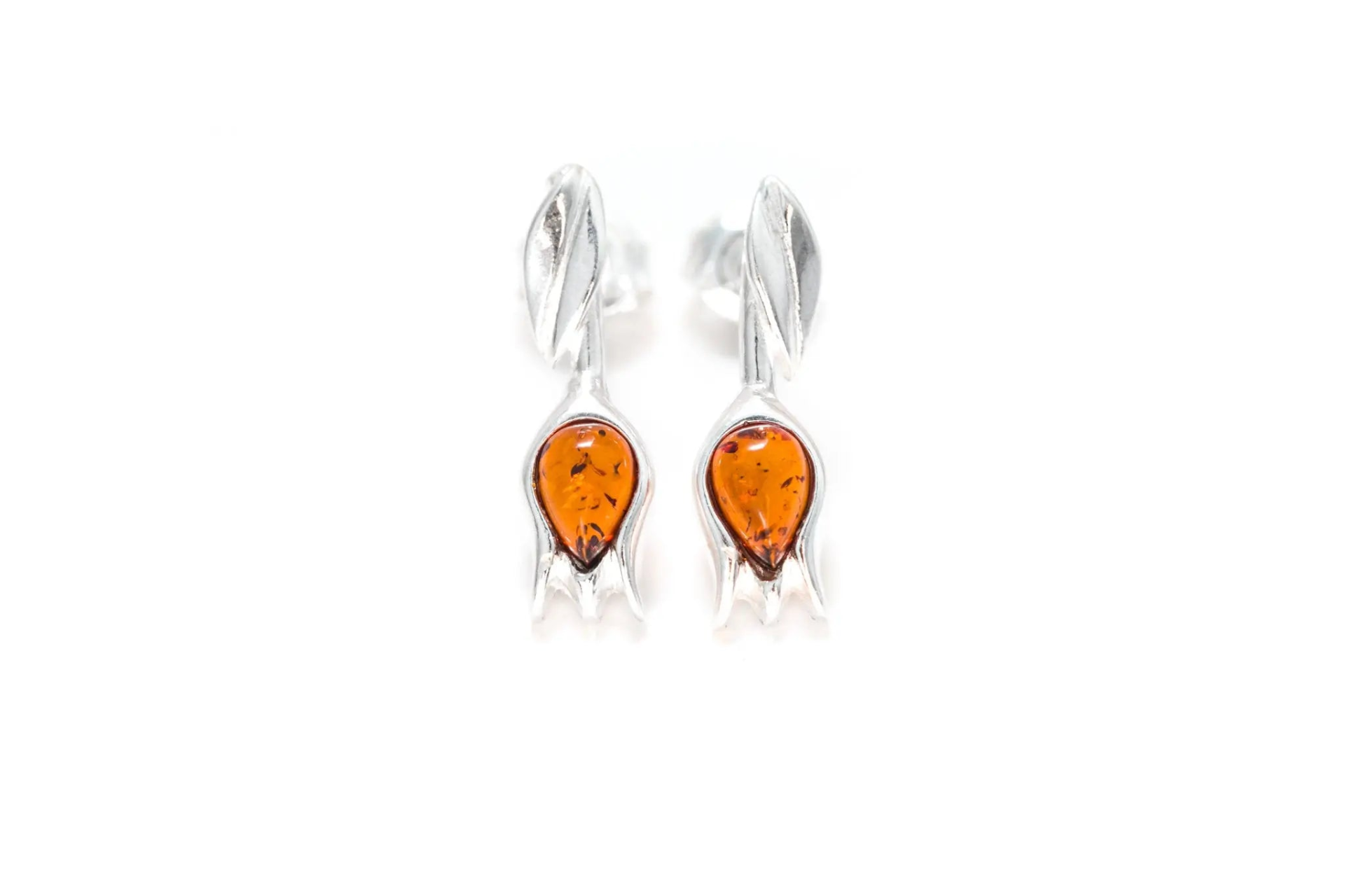 Amber Tulip Stud Earrings - Handcrafted Sterling Silver with Baltic Amber - BEYRUN