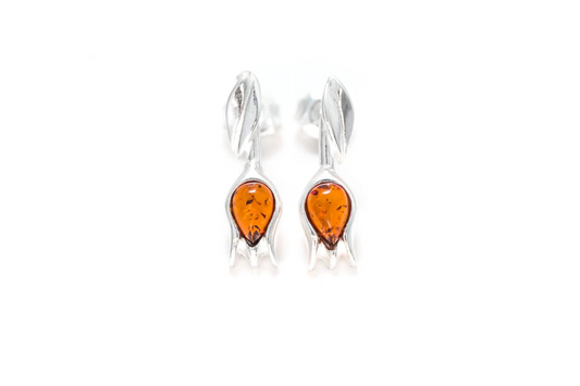 Amber Tulip Stud Earrings - Handcrafted Sterling Silver with Baltic Amber - BEYRUN