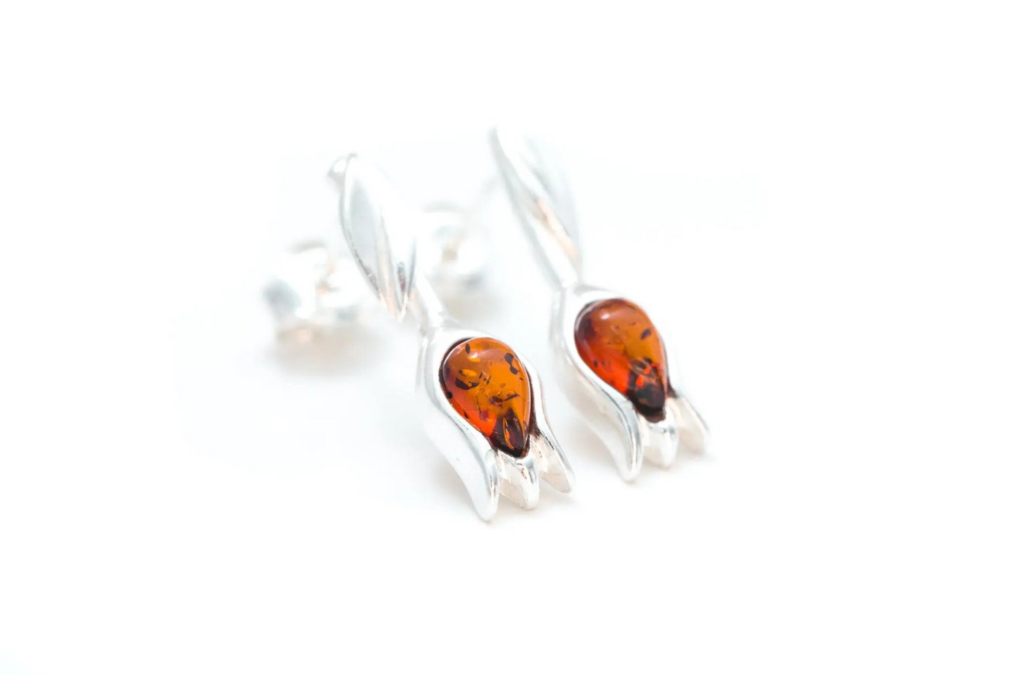 Amber Tulip Stud Earrings - Handcrafted Sterling Silver with Baltic Amber - BEYRUN