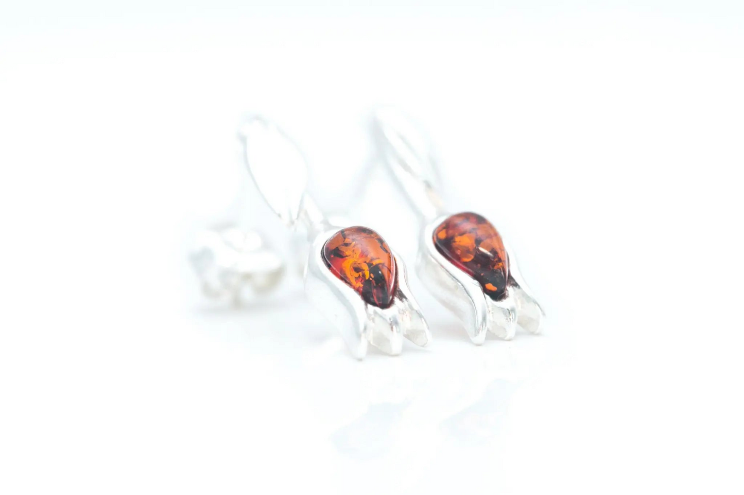 Amber Tulip Stud Earrings - Handcrafted Sterling Silver with Baltic Amber - BEYRUN