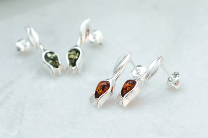 Amber Tulip Stud Earrings - Handcrafted Sterling Silver with Baltic Amber - BEYRUN