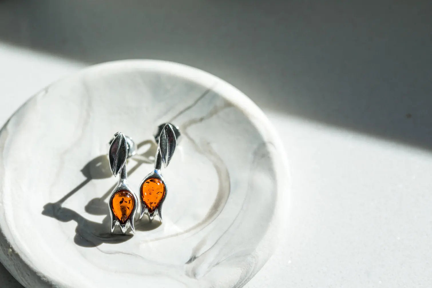 Amber Tulip Stud Earrings - Handcrafted Sterling Silver with Baltic Amber - BEYRUN