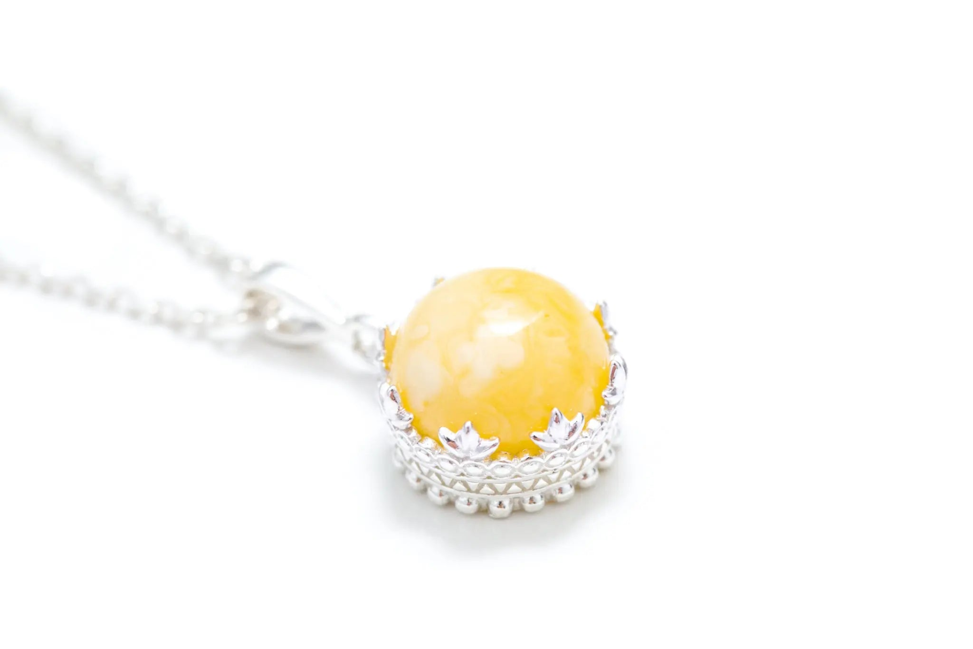 Yellow Amber Princess Crown Pendant - Sterling Silver Necklace - BEYRUN