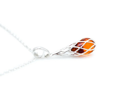 Caged Teardrop Amber Pendant - Handcrafted Baltic Amber Necklace - BEYRUN