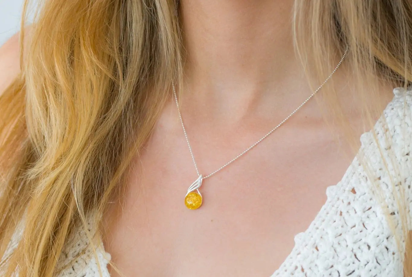 Citrus Amber Orb Pendant - Delicate Baltic Amber Necklace - BEYRUN