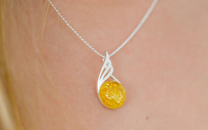 Citrus Amber Orb Pendant - Delicate Baltic Amber Necklace - BEYRUN