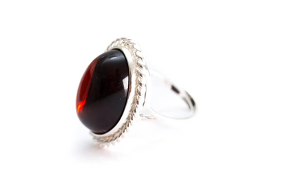 Cherry Red Amber Quintessence Statement Ring - Elegant Cocktail Ring with Baltic Amber Stone - BEYRUN