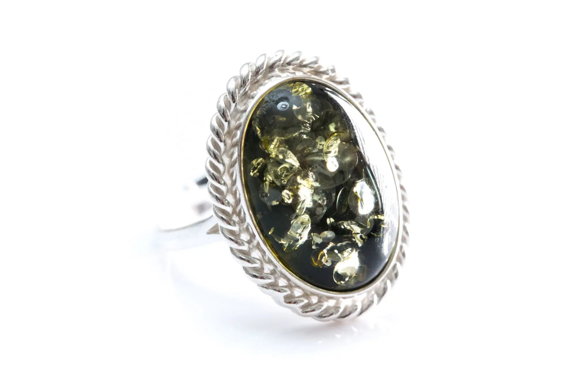 Green Amber Quintessence Statement Ring - Sparkling Cocktail Ring | Baltic Amber & Sterling Silver - BEYRUN