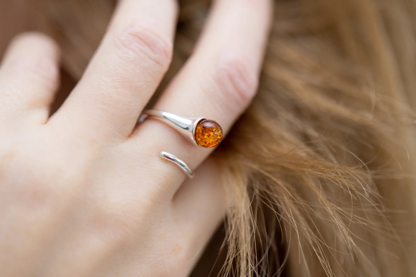 Buy Minimal Amber Wrap Ring - Delicate Sterling Silver Band with Sphere Cut Amber Stone - BEYRUN