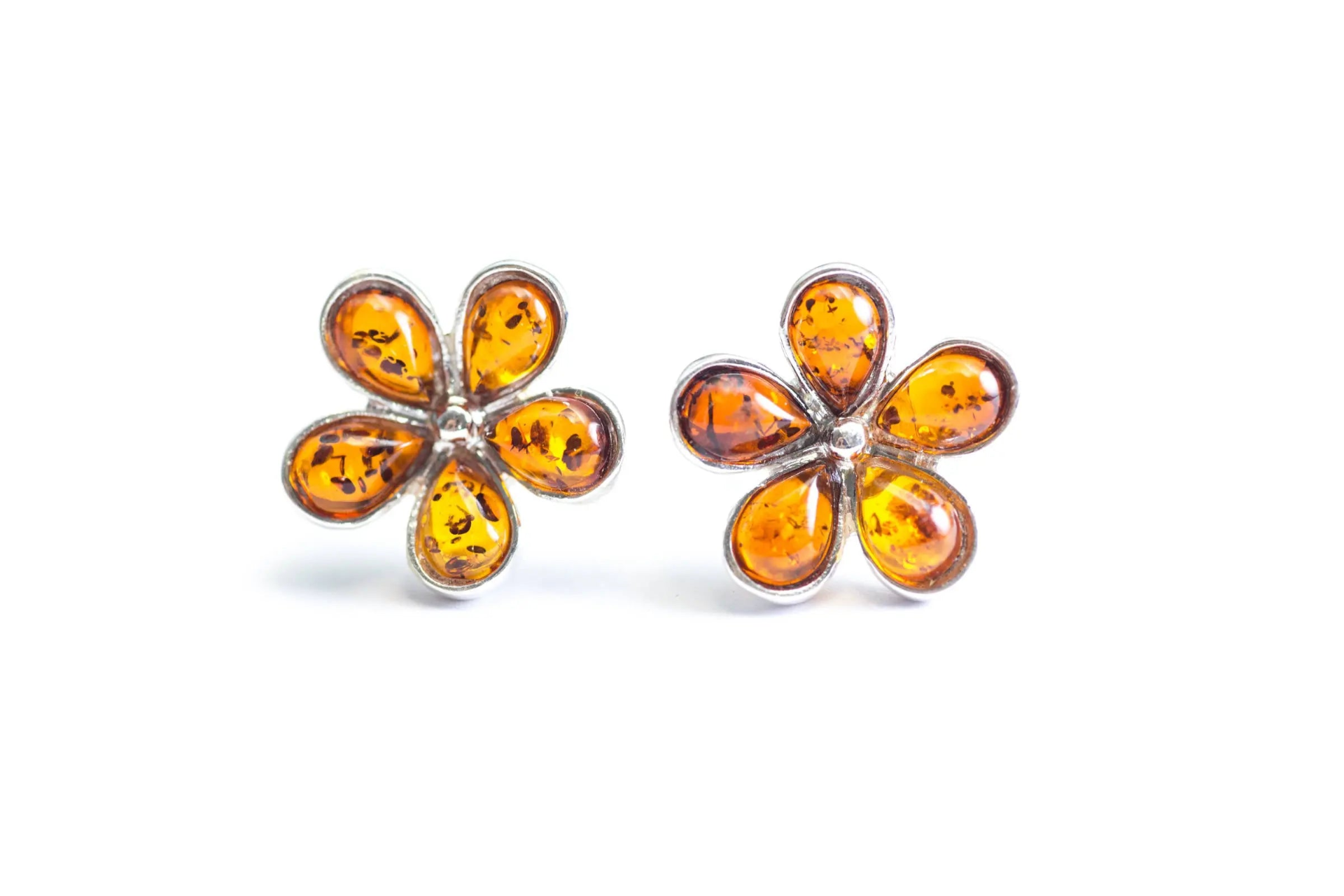 Amber Daisy Stud Earrings - Handcrafted Sterling Silver with Baltic Amber - BEYRUN