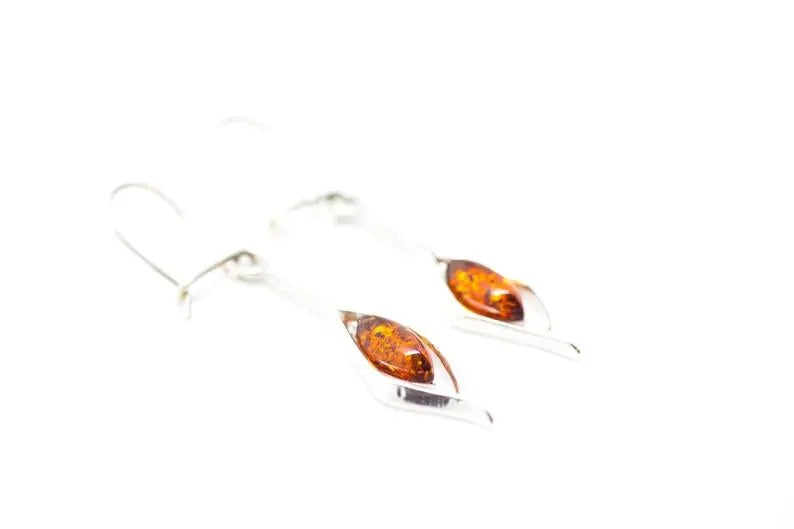 Small Droplet Amber Dangle Earrings | Elegant Sterling Silver & Baltic Amber Jewelry