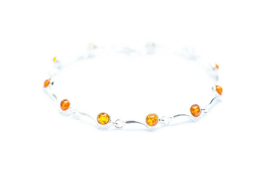 Minimal Cognac Amber Bracelet - Elegant Sterling Silver Bracelet with Radiant Baltic Amber Gemstones - BEYRUN