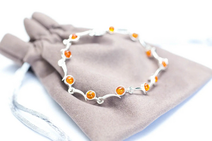 Minimal Cognac Amber Bracelet - Elegant Sterling Silver Bracelet with Radiant Baltic Amber Gemstones - BEYRUN