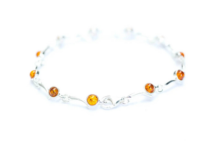 Minimal Cognac Amber Bracelet - Elegant Sterling Silver Bracelet with Radiant Baltic Amber Gemstones - BEYRUN