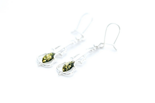 Elegant Green Amber Violin Earrings – Sterling Silver Jewelry Gift for Music Lovers