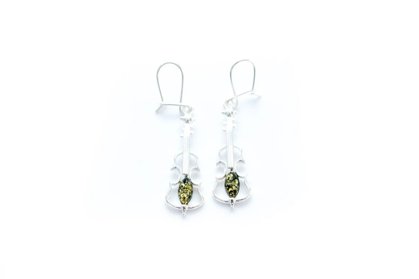 Elegant Green Amber Violin Earrings – Sterling Silver Jewelry Gift for Music Lovers