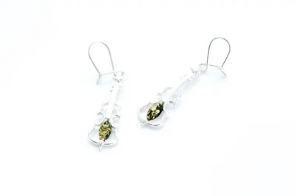 Elegant Green Amber Violin Earrings – Sterling Silver Jewelry Gift for Music Lovers