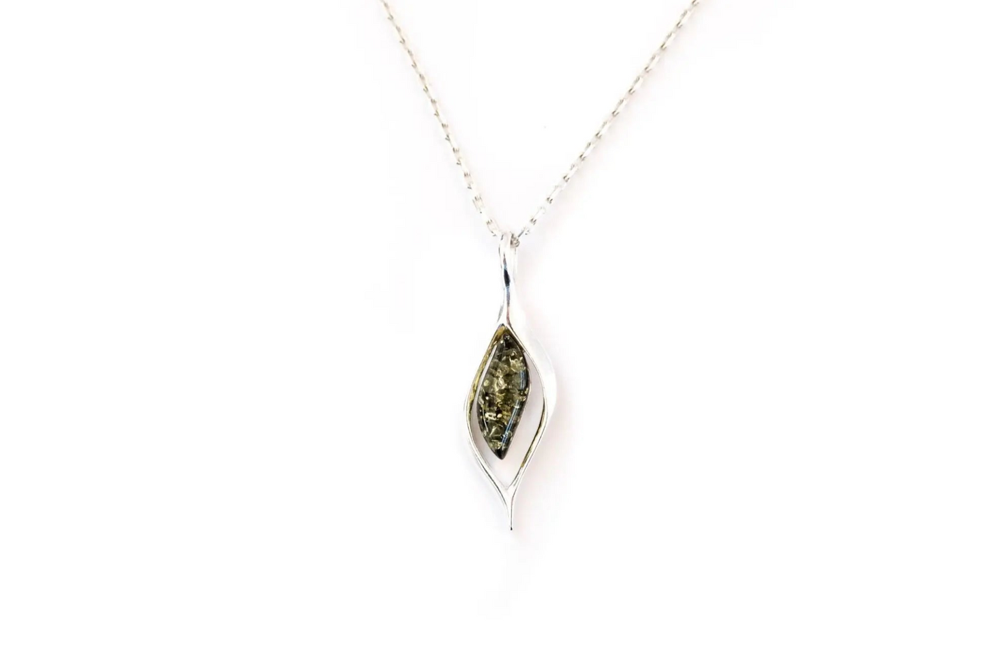 Green Amber Droplet Pendant - Sterling Silver Necklace - BEYRUN