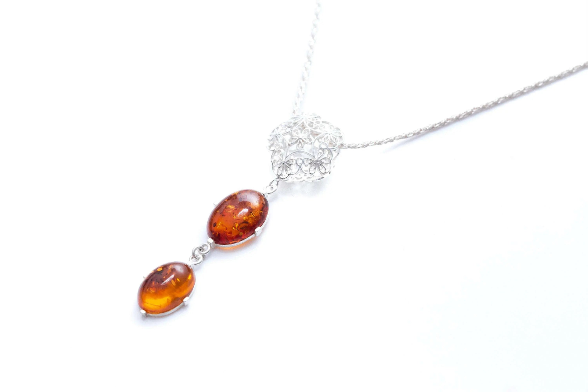 Long Amber Drop Y Necklace - Elegant Baltic Amber Pendant - BEYRUN