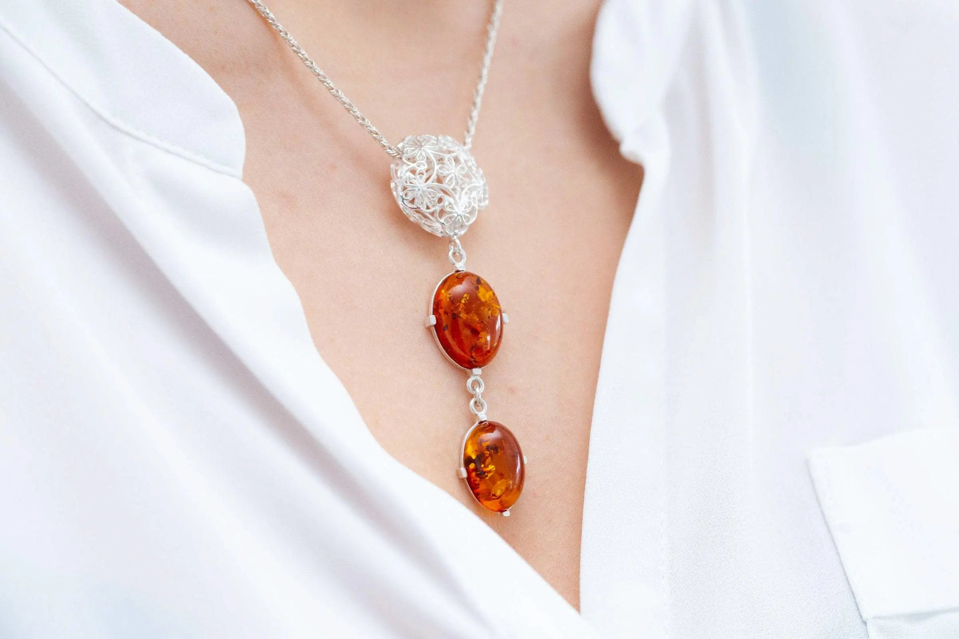 Long Amber Drop Y Necklace - Elegant Baltic Amber Pendant - BEYRUN