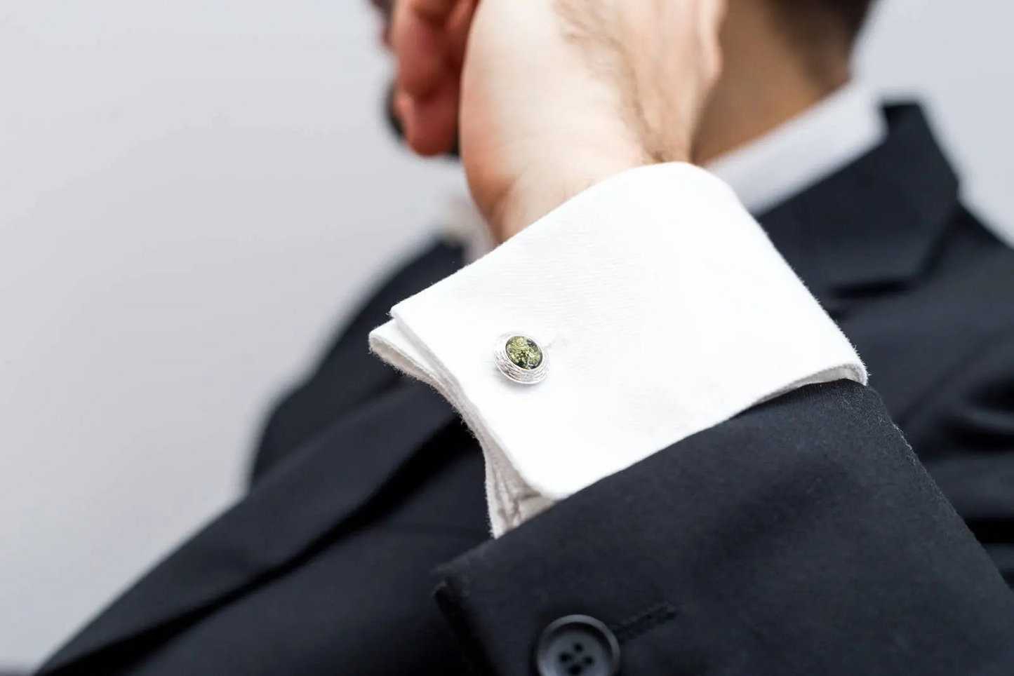 Textured Frame Green Amber Cufflinks - Elegant Men's Accessories | Baltic Amber & Sterling Silver - BEYRUN