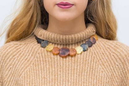 Large Round Amber Bead Necklace, Multicolour Stone Necklace