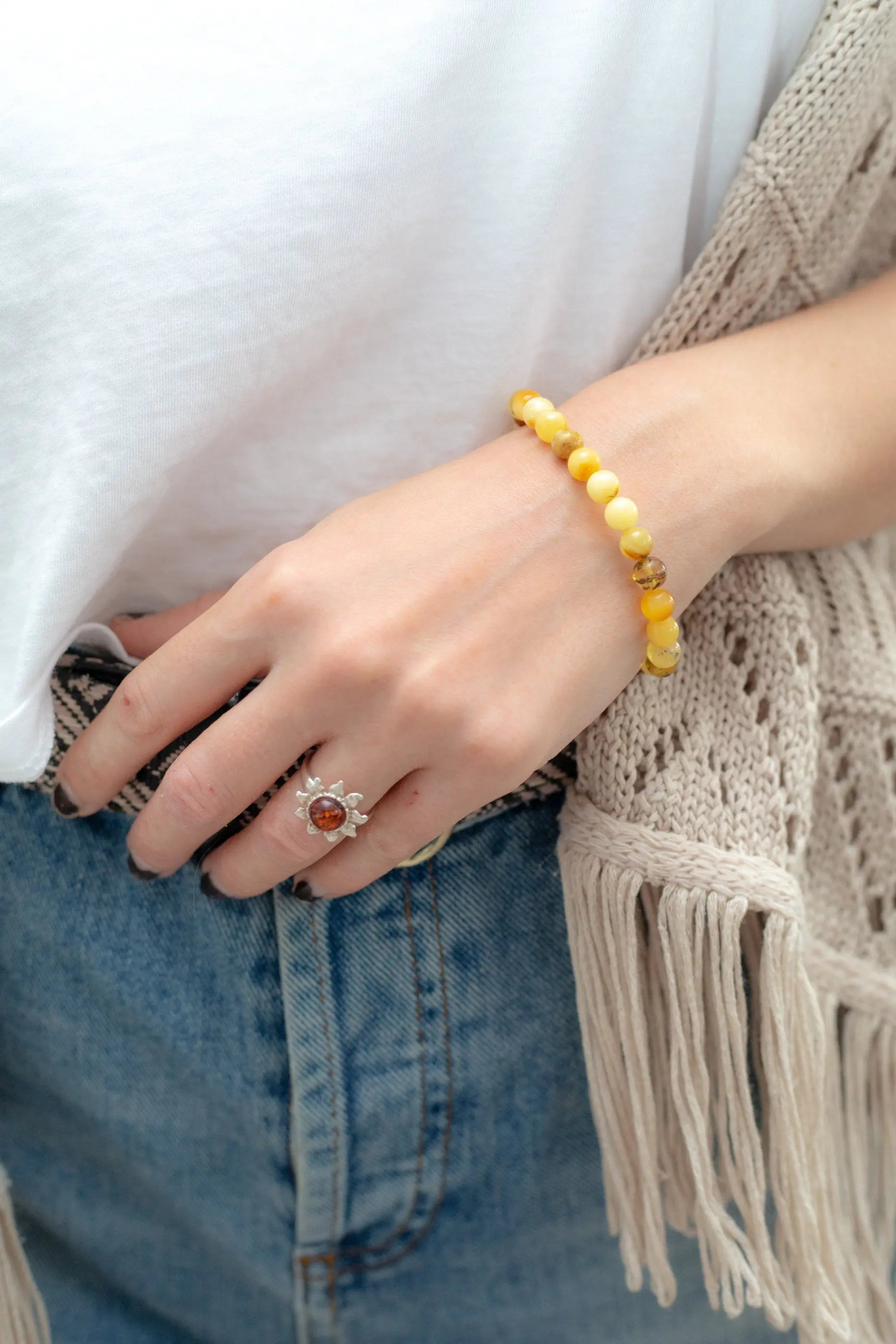 RAW Mixed Amber Sphere Bead Bracelet - Organic Yellow & Multicolour Beads - BEYRUN