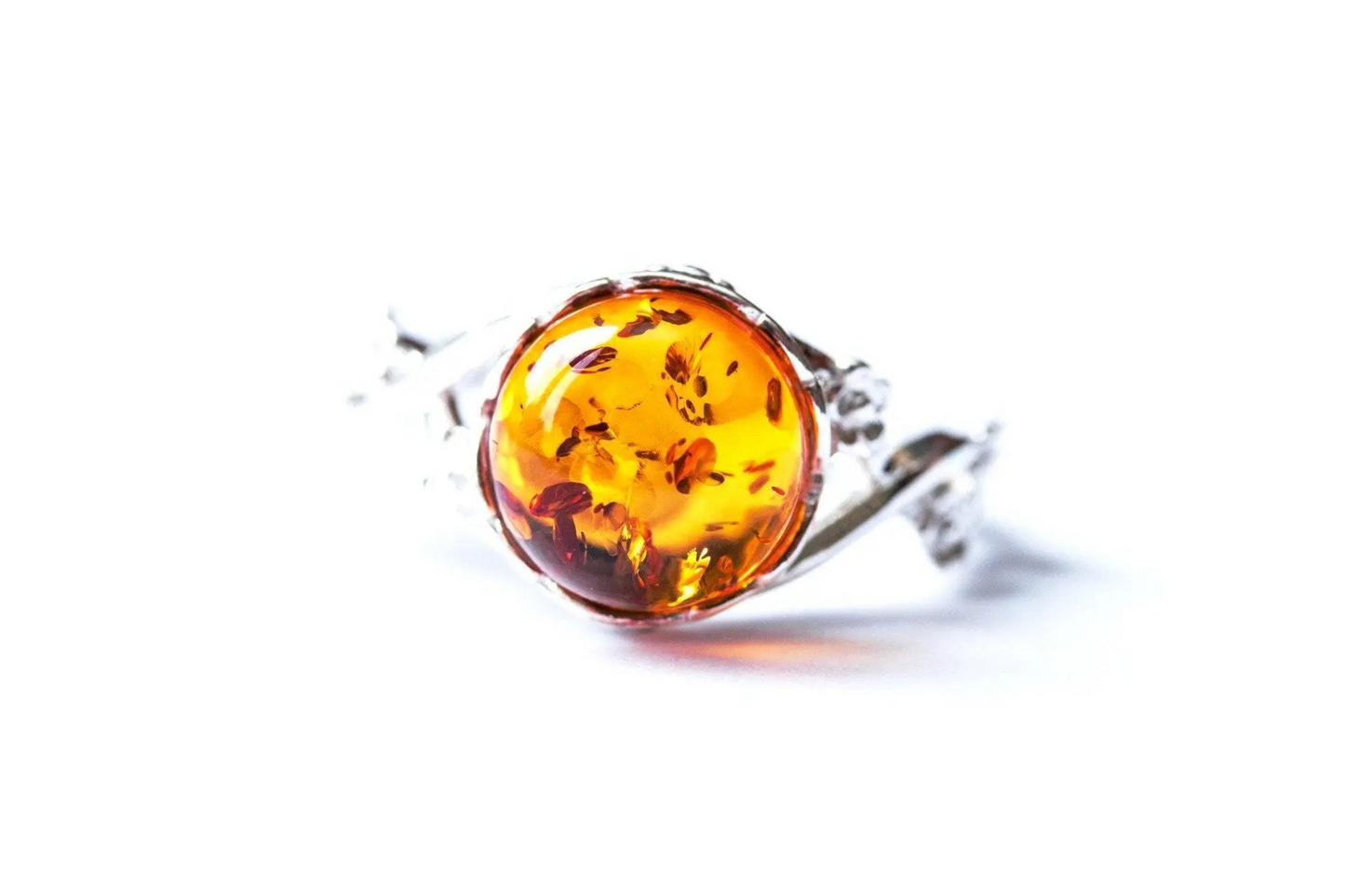 Dainty Floral Amber Ring - Fashionable Sterling Silver Band with Baltic Amber Gem - BEYRUN