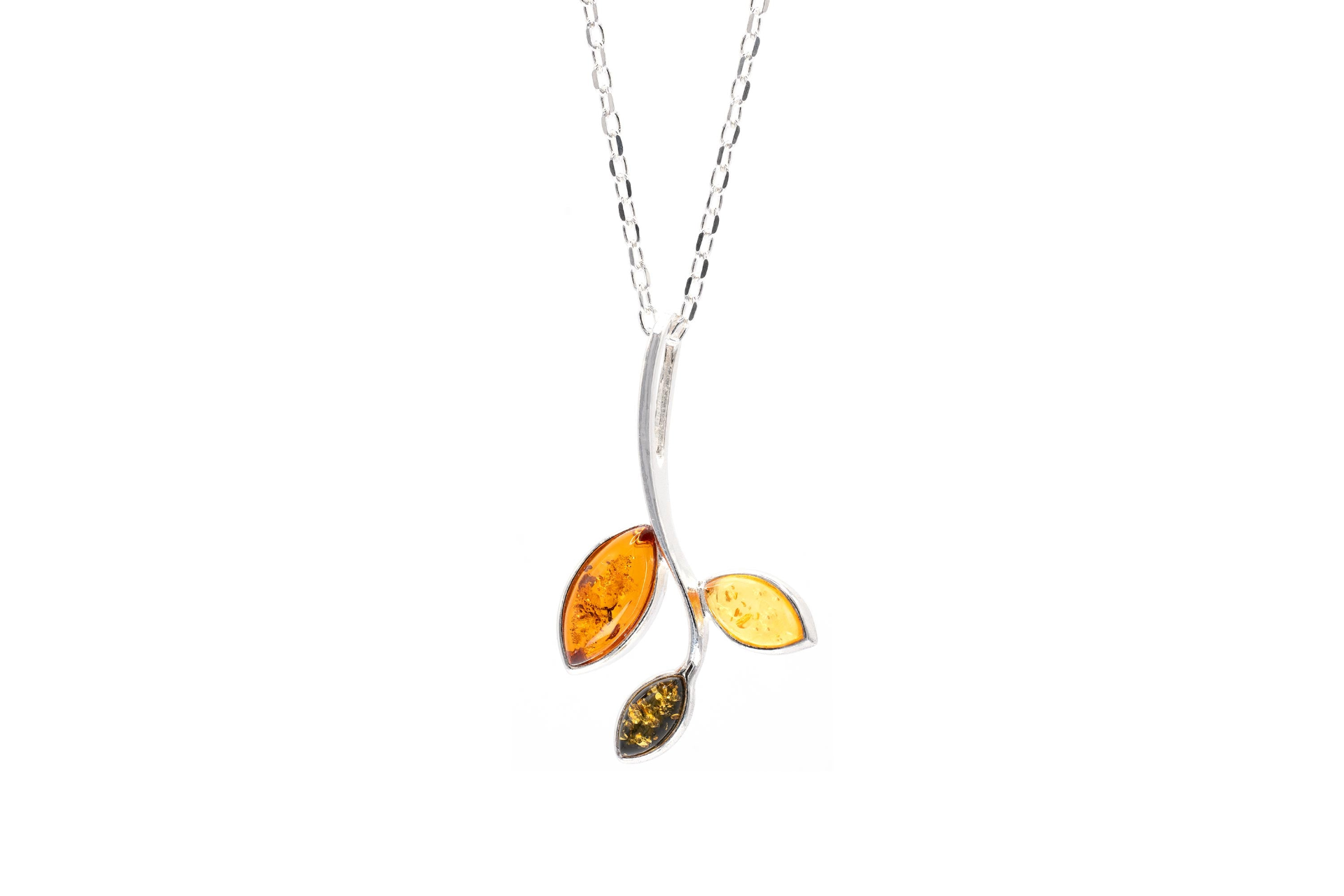 Little Multicolour Amber Pendant - Sterling Silver Leaf Necklace - BEYRUN