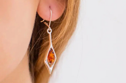 Small Droplet Amber Dangle Earrings | Elegant Sterling Silver & Baltic Amber Jewelry