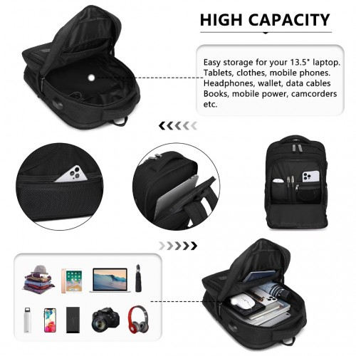 EM2111S - Kono Multi-Compartment Backpack with USB Port - Black - BEYRUN