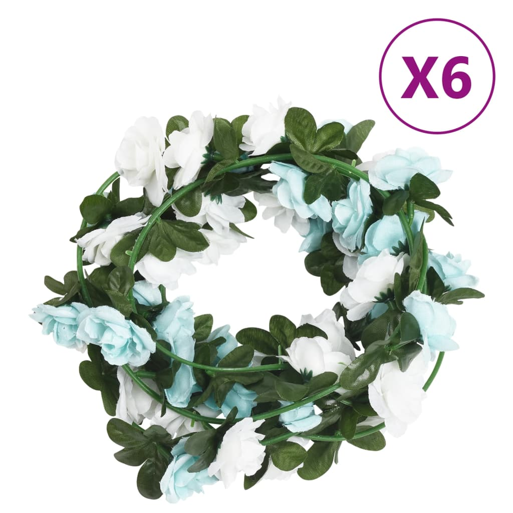 vidaXL 6 pcs 240 cm Blue & White Christmas Flower Garlands - Realistic Silk Flowers for Festive Decor - BEYRUN