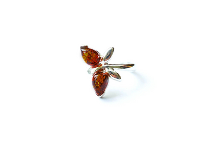 Stunning Cherry Amber Butterfly Midi Ring - Sterling Silver & Baltic Amber