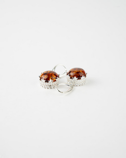 Elegant Princess Crown Drop Earrings - 925 Sterling Silver & Baltic Amber