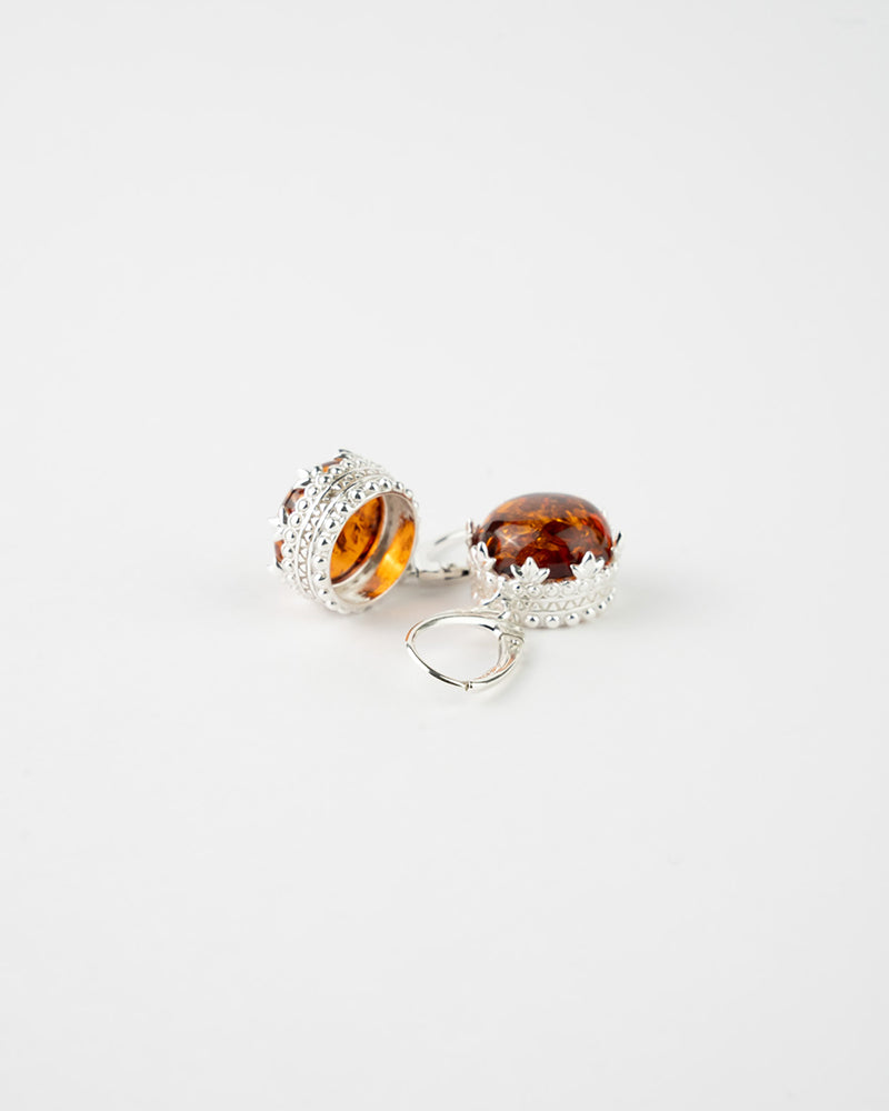 Elegant Princess Crown Drop Earrings - 925 Sterling Silver & Baltic Amber