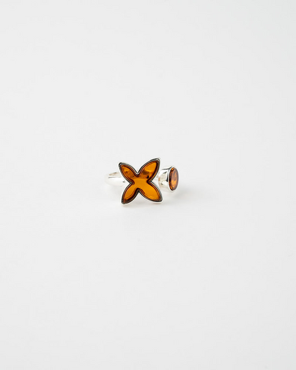 Elegant Simple Butterfly Circle Adjustable Ring with Amber & Sterling Silver