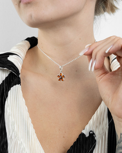 Subtle Flower Pendant Necklace - Elegant Baltic Amber & Sterling Silver Jewelry - BEYRUN