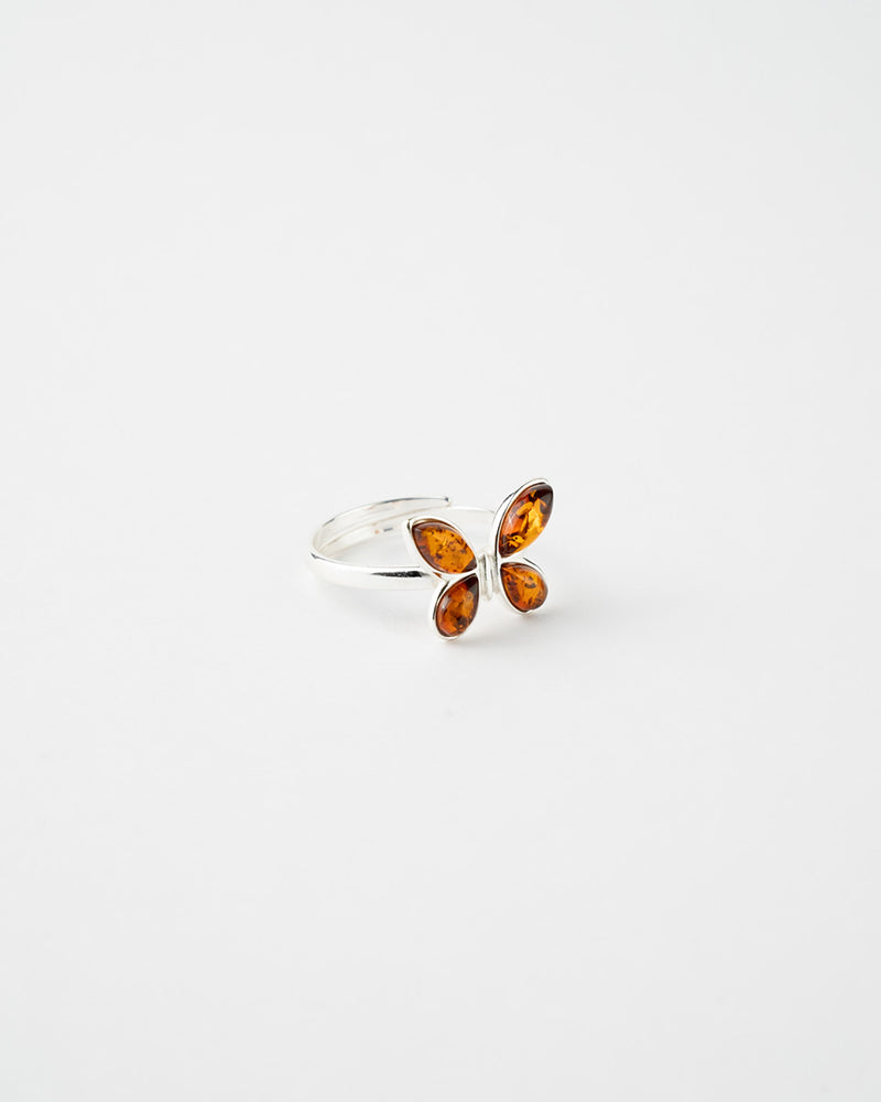 Luxurious Subtle Butterfly Adjustable Ring - Sterling Silver & Amber