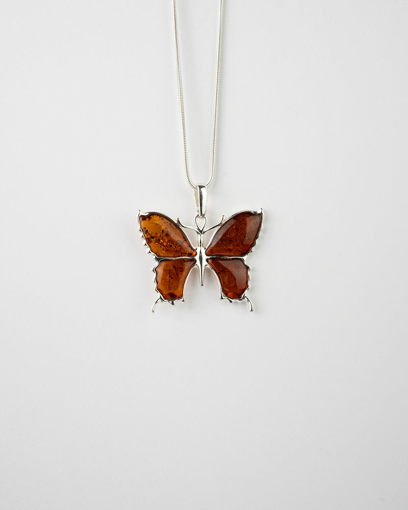 Statement Butterfly Pendant Necklace - Elegant Amber & Sterling Silver Jewelry - BEYRUN