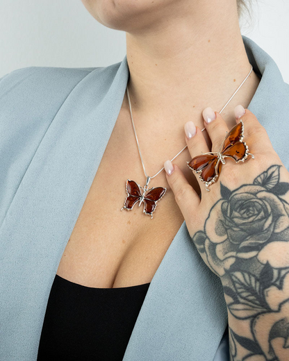 Statement Butterfly Pendant Necklace - Elegant Amber & Sterling Silver Jewelry - BEYRUN