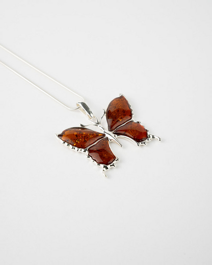 Statement Butterfly Pendant Necklace - Elegant Amber & Sterling Silver Jewelry - BEYRUN