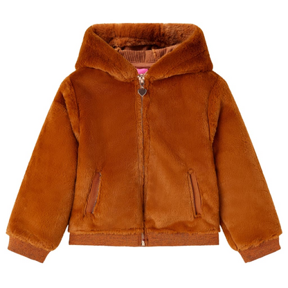 Kids' Faux Fur Hooded Jacket in Cognac - Size 104 | High-Quality, Warm & Stylish | Perfect for Kids Aged 3-4 Years - BEYRUN