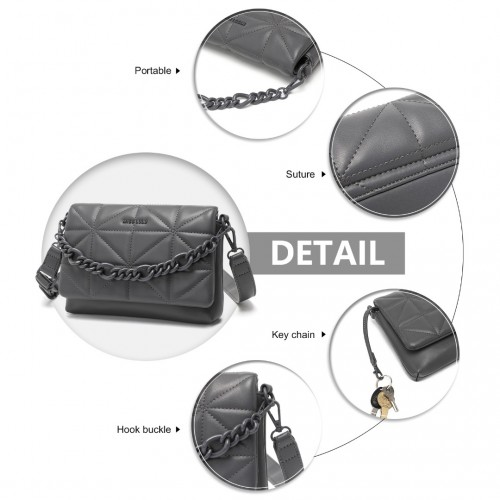 Miss Lulu Chic Quilted Grey Shoulder Bag with Chain Strap - Elegant & Stylish Handbag for Any Occasion - BEYRUN