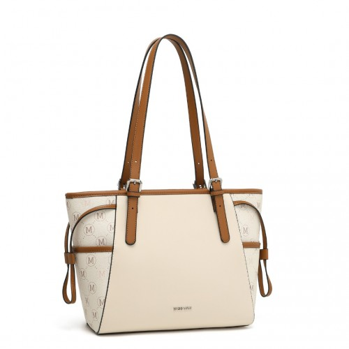 Miss Lulu Elegant Monogram Tote Bag - Beige & Brown | Premium PU Leather & PVC | Spacious & Chic Women's Handbag - BEYRUN