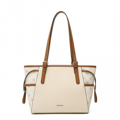 Miss Lulu Elegant Monogram Tote Bag - Beige & Brown | Premium PU Leather & PVC | Spacious & Chic Women's Handbag - BEYRUN