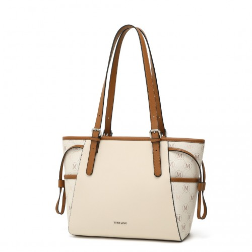 Miss Lulu Elegant Monogram Tote Bag - Beige & Brown | Premium PU Leather & PVC | Spacious & Chic Women's Handbag - BEYRUN