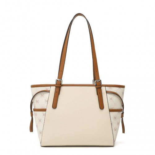 Miss Lulu Elegant Monogram Tote Bag - Beige & Brown | Premium PU Leather & PVC | Spacious & Chic Women's Handbag - BEYRUN