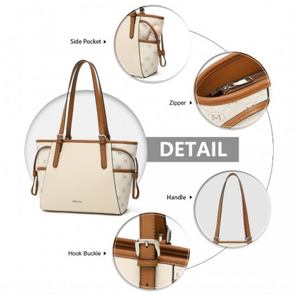 Miss Lulu Elegant Monogram Tote Bag - Beige & Brown | Premium PU Leather & PVC | Spacious & Chic Women's Handbag - BEYRUN